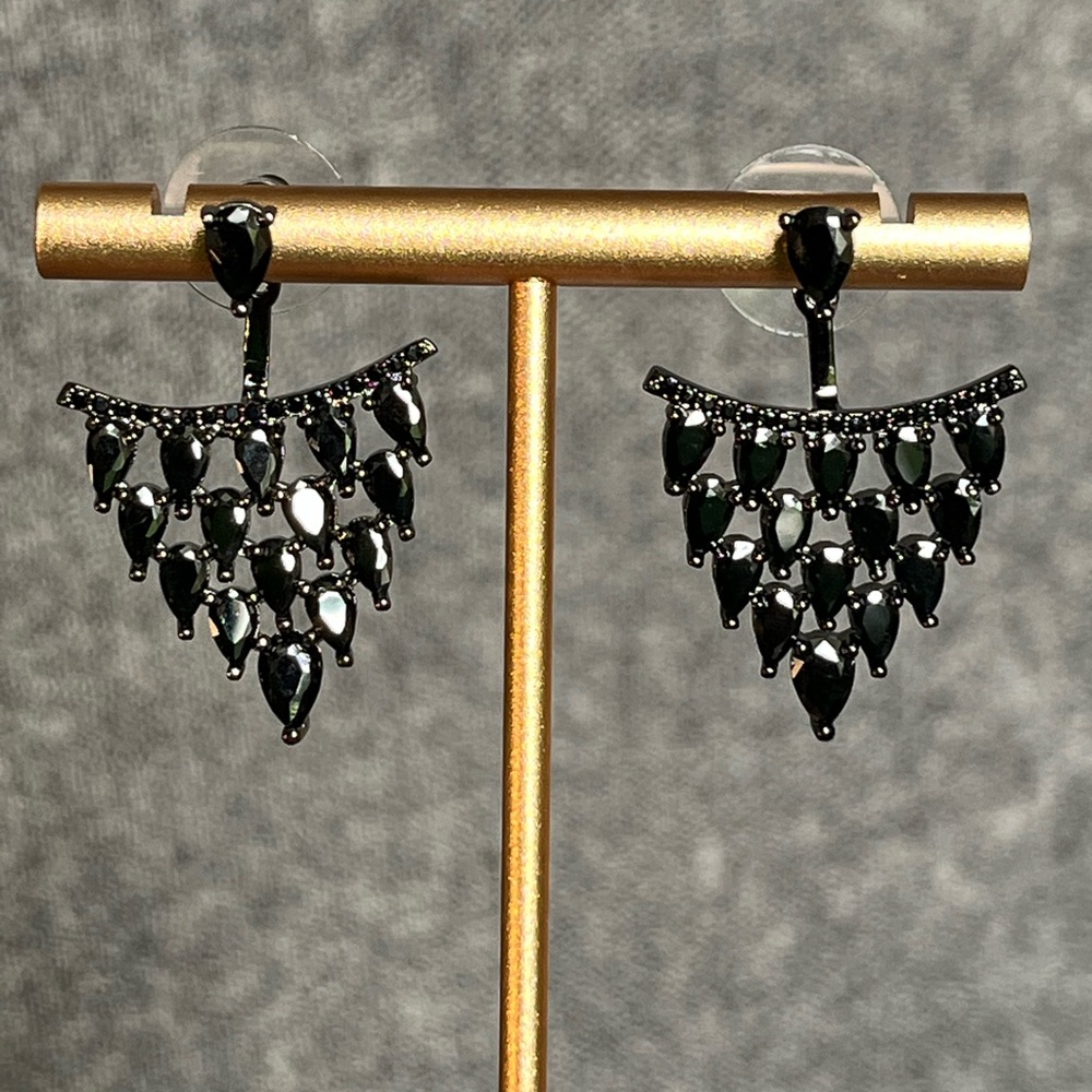 Vintage Black Crystal Triangle Drop Jacket Earrings